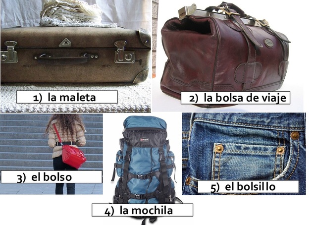 Spanish 5 words a day - 1) la maleta 2) la bolsa de viaje 3) el bolso 4) la mochila 5) el bolsillo