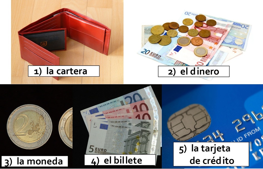 Spanish 5 words a day - 1) la cartera 2) el dinero 3) la moneda 4) el billete 5) la tarjeta de crédito