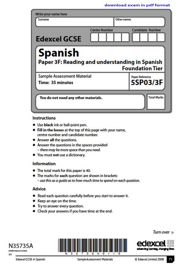 Edexcel GCSE Spanish 3F Reading Foundation sample exam paper