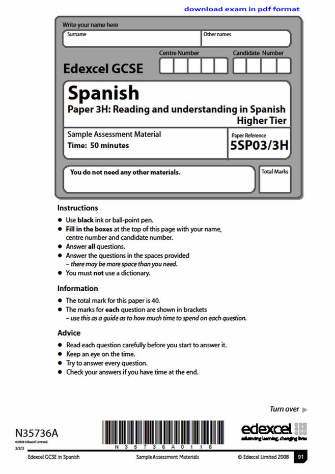 Edexcel GCSE Spanish 3H Reading Foundation sample exam paper